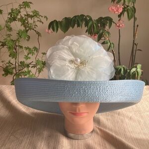 Elegant Light Blue Satin Ribbon Wide-Brim Hat with Off White Pearl Floral Accent